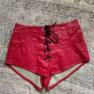 Red leather lace up shorts